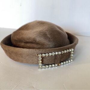 Leslie James Bullocks Shagfelt Pillbox Hat VTG Brown Rhinestone Made In Italy